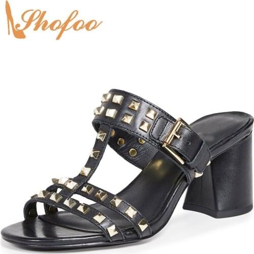 Black Rivets Buckle Slippers Sandals Woman High Chunky Heels Slip On For Ladies Dress Shoes Ladies Summer Slides Shoes Fashion