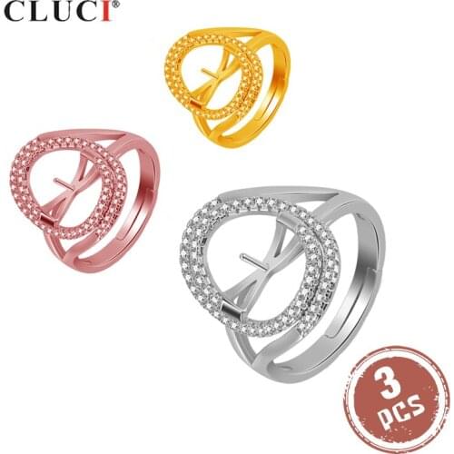 CLUCI 3pcs 925 Sterling Silver Zircon Pearl Ring Mounting for Women Silver 925 Jewelry Adjustable Eye Shaped Open Rings SR2121SB