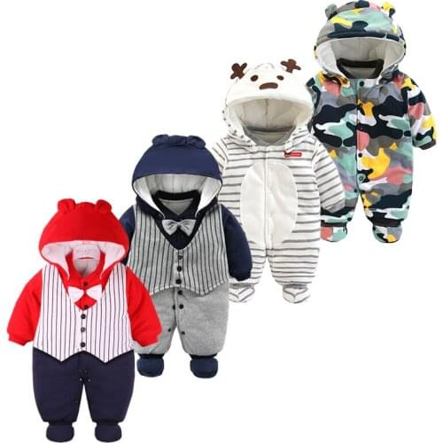 Baby Autumn Winter Thickening Romper Cotton Infants Hooded Cartoon Jumpsuit Newborn Boys Girls Christmas Outwear