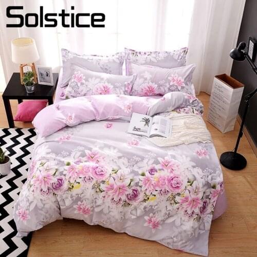 Solstice Home Textile Purple Flower Duvet Quilt Cover Pillowcase Sheet Woman Adult Bedding Linens Set 4Pcs Queen Full Bedclothes