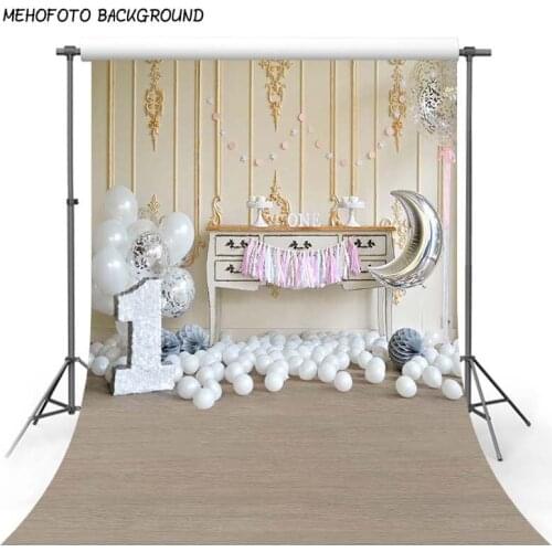 Photography Backdrops 1st Birthday Party Background for Kids Brown Damask Wall White Balloons Photograpic Backdrops for Baby