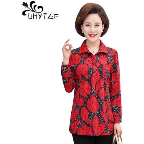 UHYTGF Woman t-shirt fashion Printed long sleeve spring autumn tshirt women Single-breasted pullover loose 5XL Plus size top 875