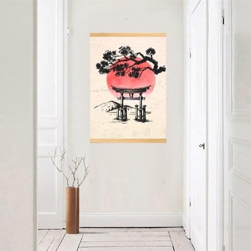 Canvas Home Decoration Sunrise Poster Print Pictures Ink Landscape Wall Art Wooden Scroll Hanging Painting Bedside Background