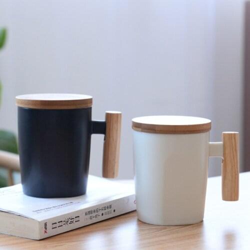 Japan Style Brief Travel Coffee Mug Ceramic Porcelain Milk Mug Coffee Cup With Wood Handle Lid Pottery Water Tea Cups Gift