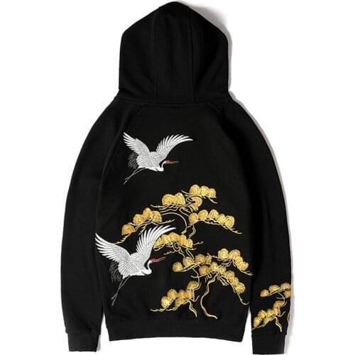 Fashion 2019 Style Crane Embroidery Hoodies Men 100%Cotton Fashion Long Sleeve Black Hoodie