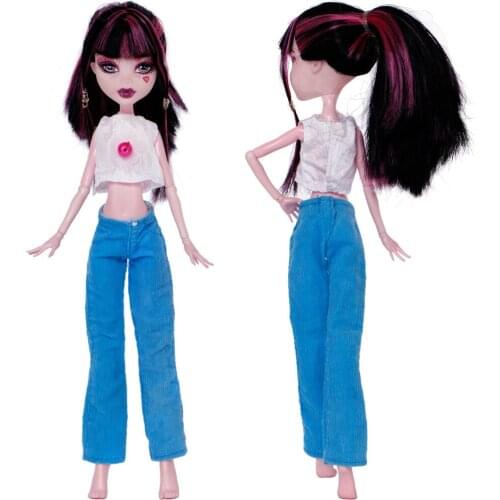 Fashion Outfit White Small Flower Vest Blouse Blue Trousers Casual Suit Clothes For Monster High Doll Accessories Baby DIY Toy