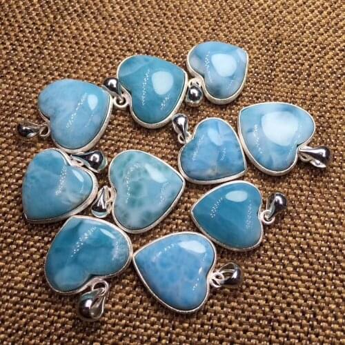 Natural Larimar Heart Pendant For S925 Silver Edge Quartz Crystal Heart Luxury Neckalce Healing Crystal Charm Woman Jewelry