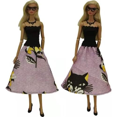 1/6 BJD Clothes For Barbie Doll Dress Black Pink Cartoon Cat Floral Princes Outfits Off Shoulder Gown 30cm Dollhouse Accessories