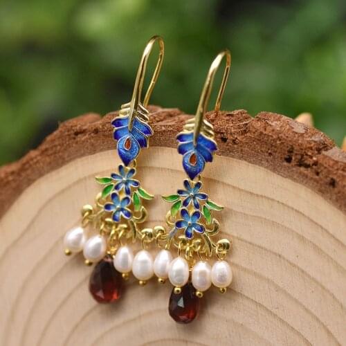 Original Cloisonne Peacock Hook Drop Earrings Ethnic Statement Natural Freshwater Pearl Garnet for Women Wedding Gifts Vintage