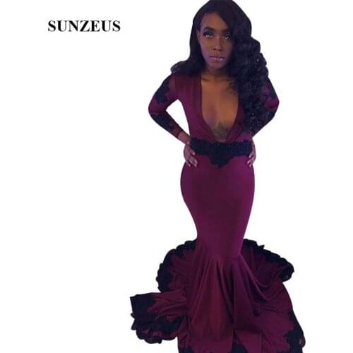 Mermaid Burgundy Prom Dress With Black Appliques Lace Long Sleeves Deep V-neck Sexy Party Gowns Vestidos De Cerimonia