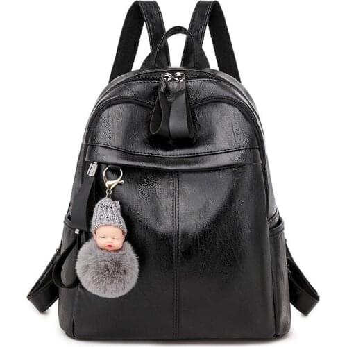 New PU Ladies Leather Backpacks Women Shoulders Backpack Teenage Girl School Bags Cute Pendant Lady Business Bag Laptop Backpack