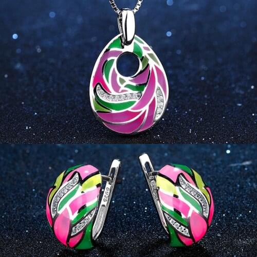 Guardian of love 925 Sterling Silver Feather plant Pink Enamel Earrings Pendant Necklace Party Wedding Bridal gift Jewelry Sets