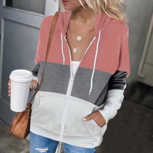 Oversize Hoodies Women Contrasting Stripes Zip Up Sweatshirt Spring Autumn Vintage Pockets Long Sleeve Casual Sport Jacket