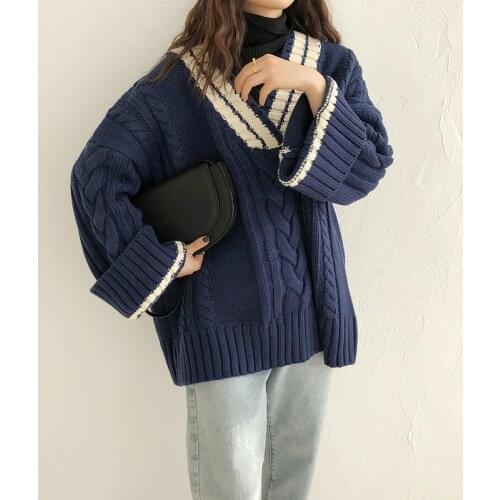 Korean Style Color-blocking Thickened V-neck Striped Sweater Female Students Autumn and Winter Loose Wild Retro Knitted Sweather