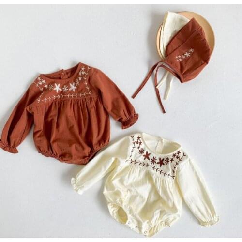 Spring Newborn Cotton Baby Girl Bodysuit Princess Baby Clothes Long Sleeves Embroidered Jumpsuit Baby Bodysuits With Hat 2021