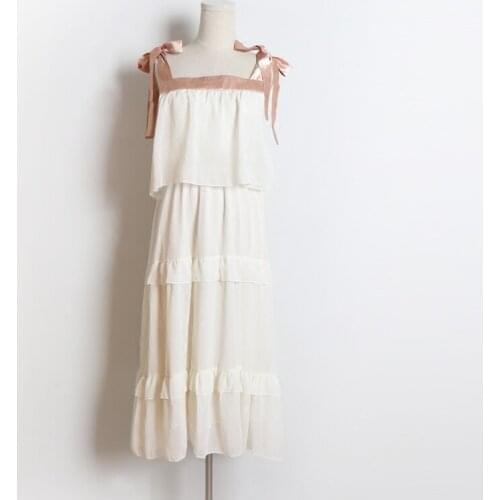 PERHAPS U Beige Pink Patchwork Sequined Loose Cascading Ruffle Midi Dress Slash Neck Lace Up Bow Sleeveless Strap Summer D0509
