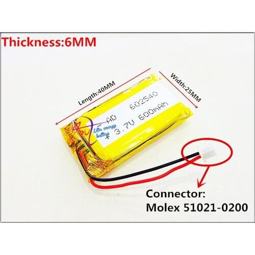 XHR-2P 1.25 3.7V,600mAH,[602540] Polymer lithium ion / Li-ion battery for DVR RECORD,MP3,MP4,TOY,GPS,SMART WATCH,SPORT CAMERA