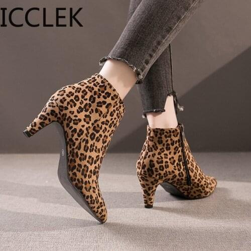 Women Zip Pointed Toe Ankle Boots Ladies Flock Fashion Leopard Short Boots Female Short Plush Spike High Heels Casual Shoes