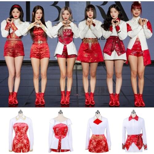 Kpop Korean Celebrity Dance Show White Loose Full Sleeve Embroidery Shirt Blouse Tops+Red Sexy Slim High Waist Shorts Women Sets