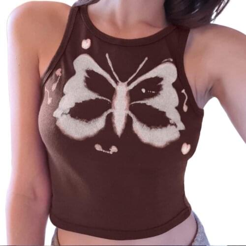 Y2K Womens Crop Top Sleeveless Butterfly Print Tank Top Vest Casual Summer Ladies Top Street Wear Tee Butterfly Print