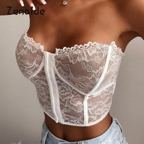 Zenaide White Lace Corset Crop Tops Women Summer Party See Through Sexy Bustier Front Hook Women Crop Tops