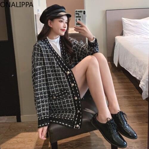 ONALIPPA Cardigan Women Korean Vintage Temperament V-Neck Chic Button Design Large Pockets Design Long Sleeve Knitted Sweater