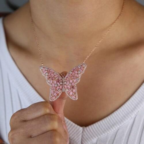 Pink pinky girl women jewelry 2020 new rose pink baguette cz butterfly necklace