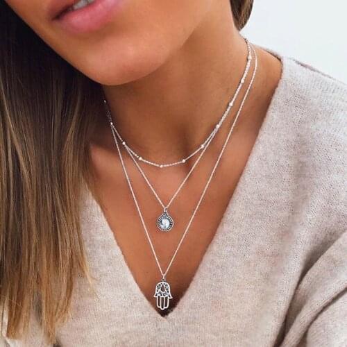 Bohemian Multilayer Beads Chains Gem Buddha Hand Pendant Necklace Women Vintage Geometric Clavicle Necklace Jewelry YN1684