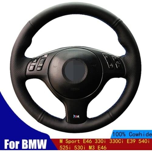 Car Steering Wheel Cover Hand-stitched Black Genuine Leather For BMW M Sport E46 330i 330Ci E39 540i 525i 530i M3 E46