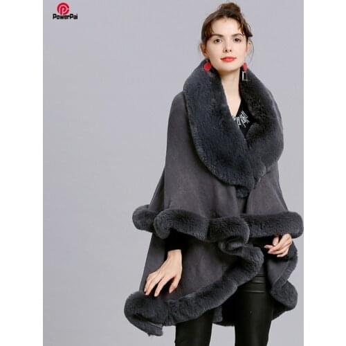 Double Layer Luxury Faux Rabbit Fur Coat Cape Winter Women V Lapel Knit Cashmere Cloak Overcoat Long Thick Cardigan