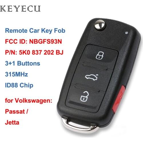 Keyecu 5K0837202BJ Remote Car Key Fob 4 Buttons 315Mhz ID88 for Volkswagen VW Jetta Passat 2017 2018 NBGFS93N 5K0 837 202 BJ