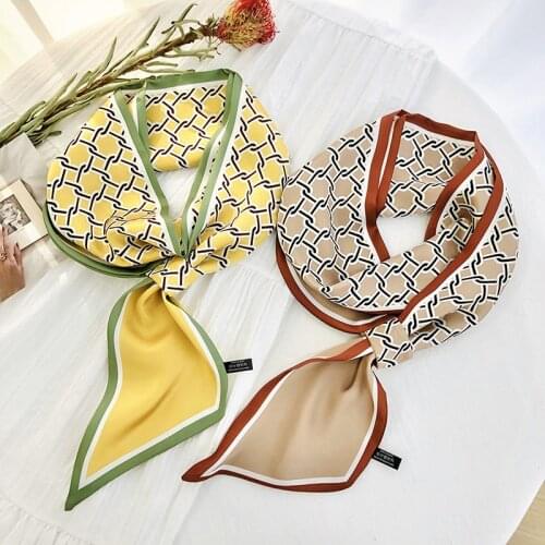 Korean satin long Scarf Womens Printed Plain Stripe Small Silk Scarf Tie Hair Band
