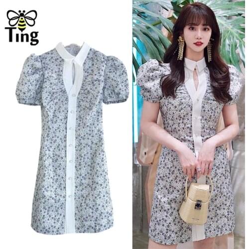 Tingfly Vintage Fashion Floral Print Mini Short Dress Retro Puff Sleeve Single Breasted Sexy Party Night Dresses Vestidos Chic