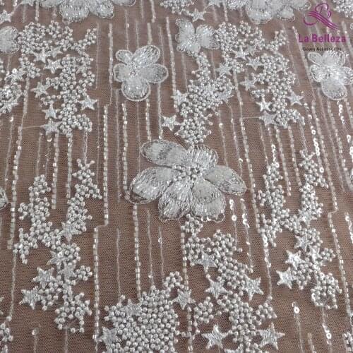 1 yard off white bridal fabric polyester Sequins beaded embroidery wedding dress lace fabric