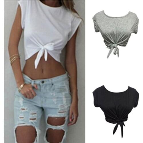 Summer Women Knotted Tie Front Crop Tops Cropped T Shirt Casual Blouse Tanks Camis Knotted Tie Front Crop Tops Ropa Mujer