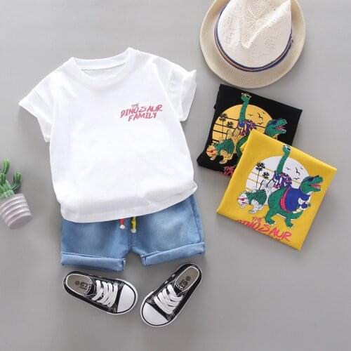 Baby Boy Summer Cotton Clothing Suit 2021 New Kids Girls Cool Dinosaur Cartoon Behind Print T-shirt+Shorts Toddler Clothes Set