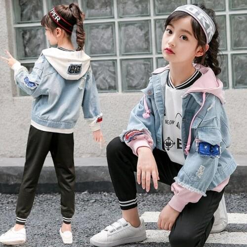 Girls Trendy Spliced Denim Hooded Jacket Spring Fall Hot Childrens Patches Ripped Casual Coat Youth Kids Outerwear Clothes B52