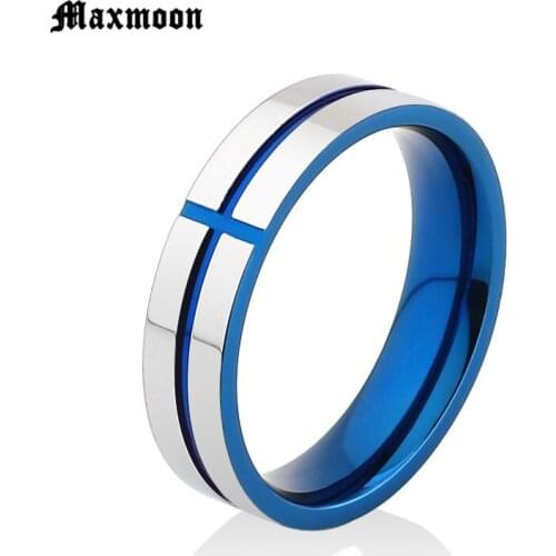 Maxmoon Gold And Blue Cross Stainless Steel Ring For Couples Men Women Wedding Engagement Ring Office US Size 7-11