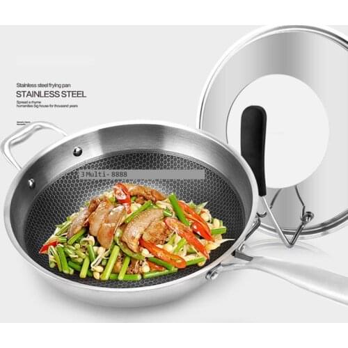 Stainless Steel Wok Household Korean Style No Oil Fume Uncoated Three-layer Steel Flat Bottom Non-stick Pan Easy To Clean
