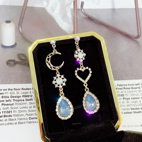 New Sweet Asymmetry Shiny Rhinestone Drop Earrings for Women Love Heart Moon Long Blue Crystal Tassel Dangle Korean Jewelry