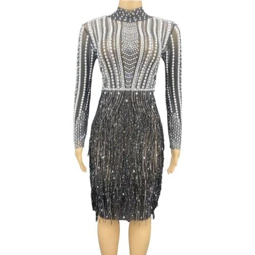 New Fashion Silver Rhinestone Pearl Fringe Dresses for Women Birthday Celebrate Transparent Outfit Women Dancer Prom Club Dress
