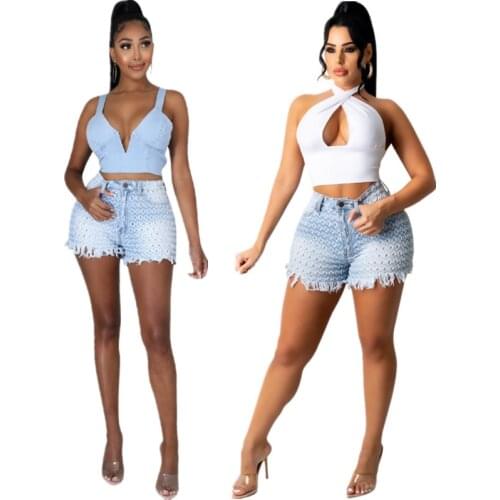 Sexy Hole Denim Shorts Bottom Tassel Jeans Womens Summer Clothing Light Blue Short Pants 2021 Y2k Clothes Streetwear Clubwear