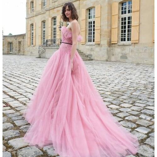 Pink Long Tulle Strapless Prom Dresses 2021 Pleats Sleeveless Zipper Back Formal Evening Dress Robe De Soiree