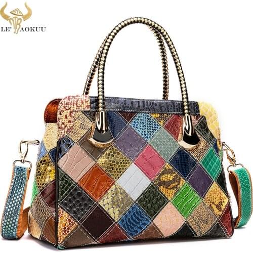 2021 Real Leather Colorful Shiny Snake Pattern Plaid Handbag Multi-color Random Stitching Shoulder Shoulder Bag Tote bag 496