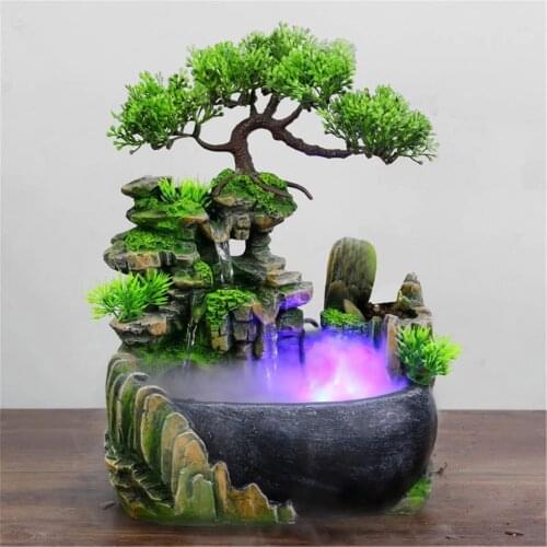 LED Lights Spray Flowing Fountain Rockery Fake Tree Flowing Water Waterfall Figurines Company Office Tabletop Desktop Ornaments
