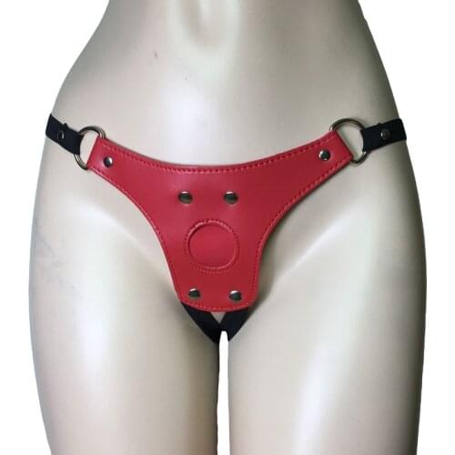 Sexy Female Leather Strapon Strap on Harness Knickers Panties Red Shorts with Nylon Strap Underwear Les Fetish Lingerie