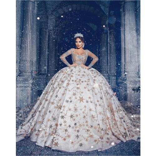 Gorgeous Ball Gown Wedding Dresses Lace Sequined Star Sheer Jewel Neck Court Train Custom Made Arabic Weeding Gowns Bridal Dress