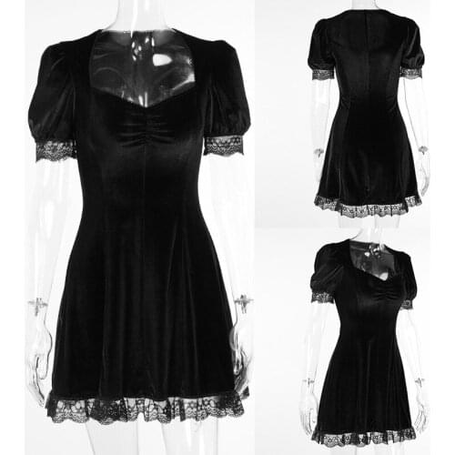 Vintage Lace Black Dress Goth Sexy High Waist Mini Dress Aesthetic Elegant Short Sleeve a Line Dress Party Club Wear