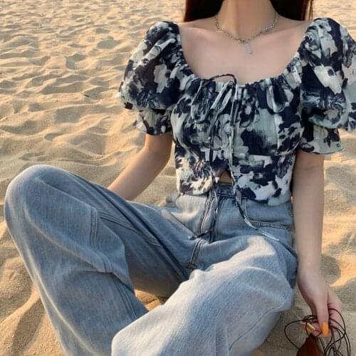 Ladies Sweet Style Floral Printing Puff Short Sleeve Front Tie Up Blouse Midriff-Baring Base Shirt Summer Boat Neck Tops S M L