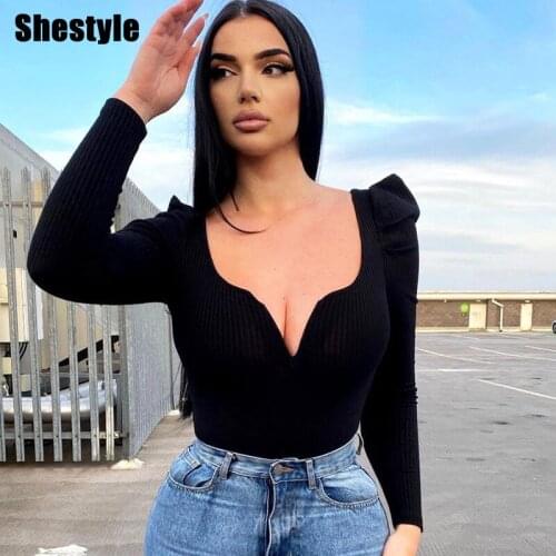 Shestyle V Neck Vintage Bodysuits Women Autumn Rib-Knitted Shrug Solid Texture Elegant Sexy Body T Shirts Skinny Office Lady